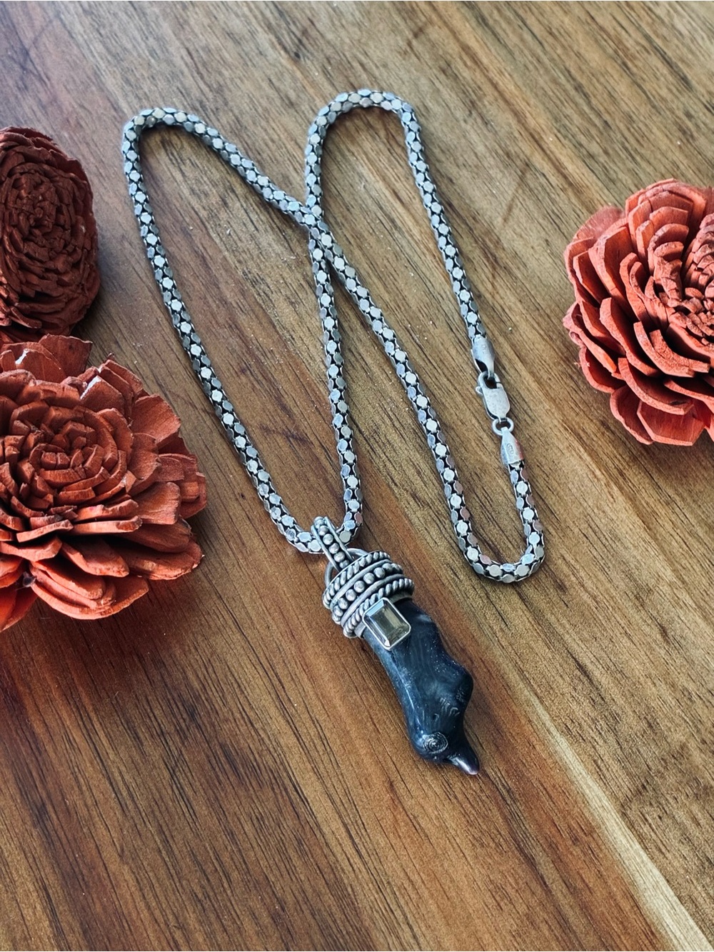 Sterling Silver 925 Amulet Necklace Smokey Quartz, Black Stone